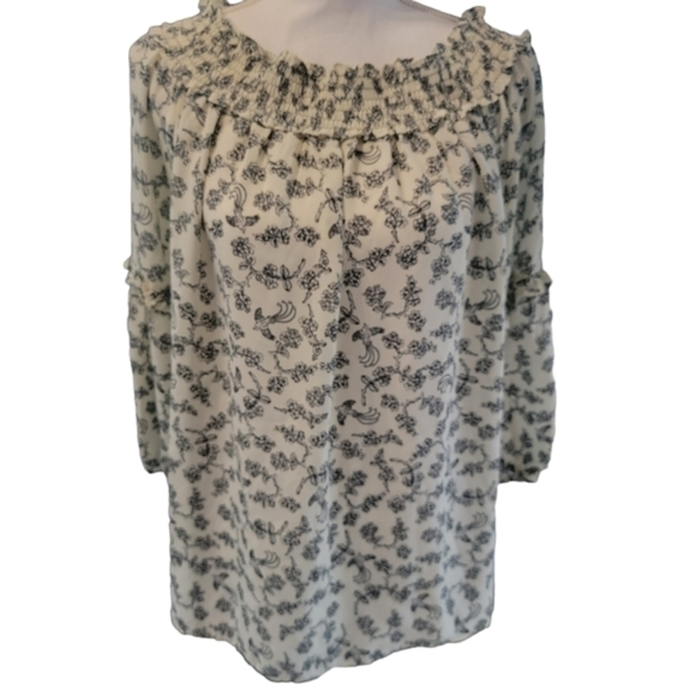 Max Studio Blouse Size XL Boho ivory blue Off‎ Shoulder Ballooon Sleeve birds